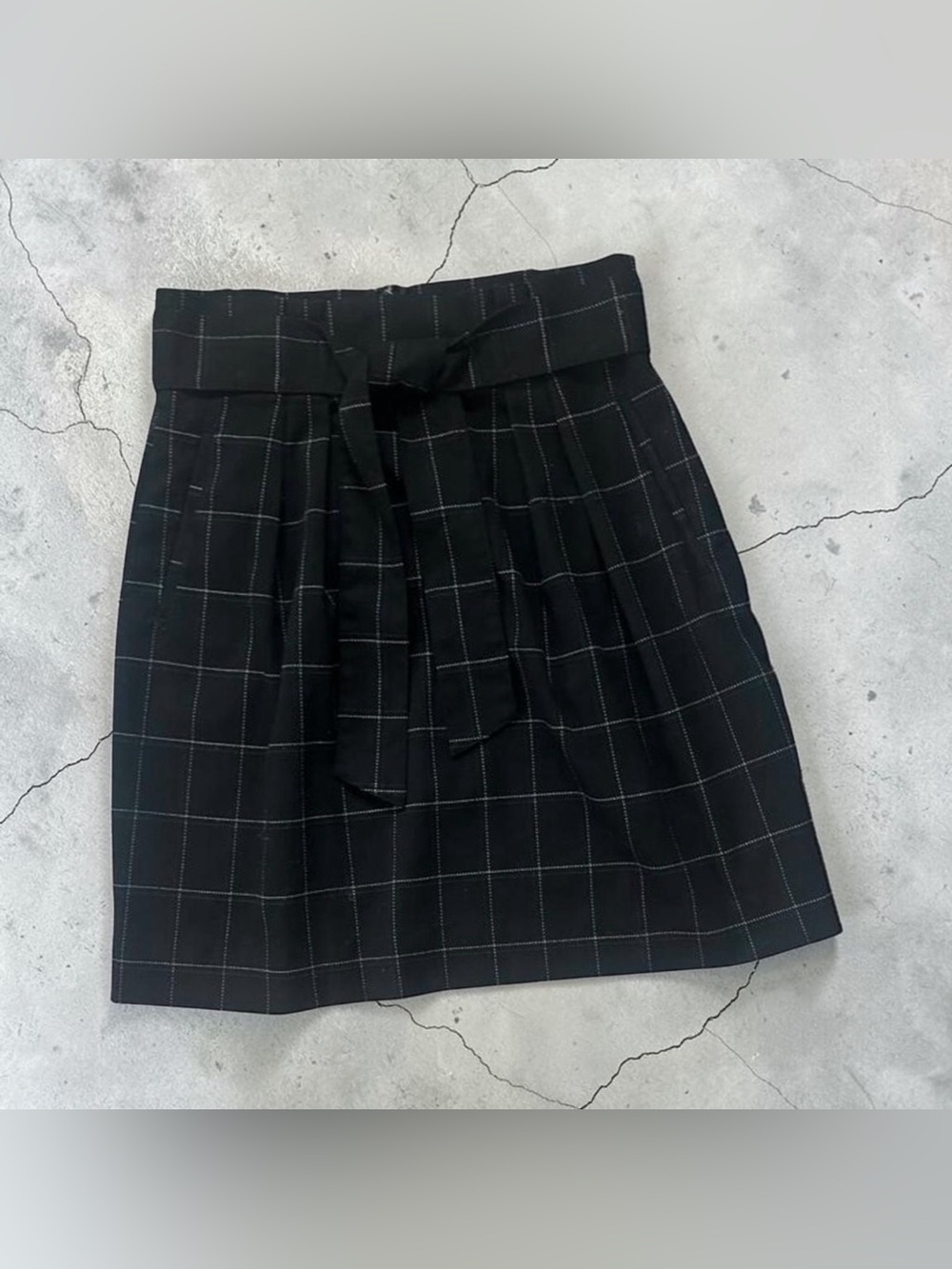 Black with white grid plaid polyester & elastane mini skirt with tie waist